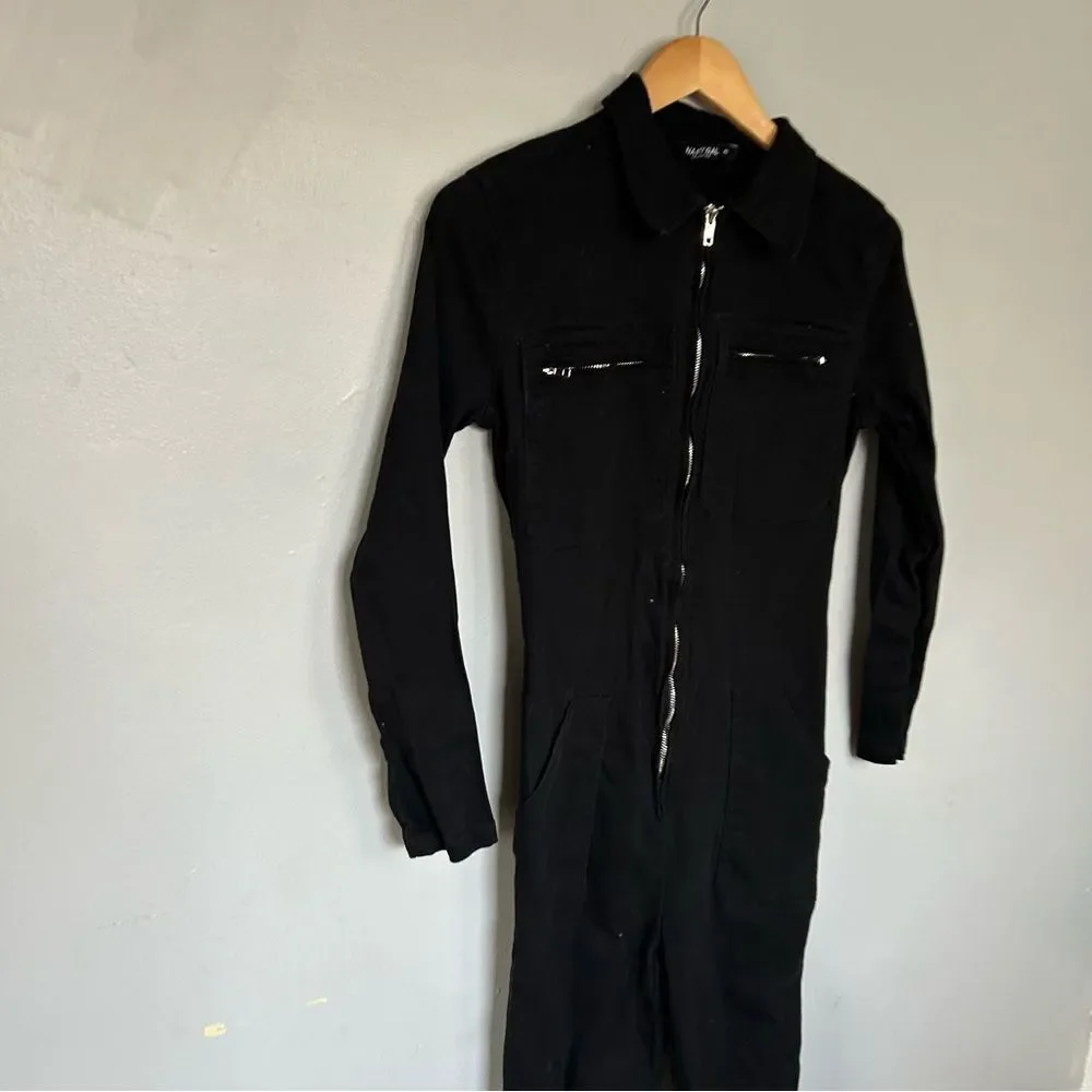 Nasty Gal Black Denim Jumpsuit Womens Medium Wide Leg Utility Romper - Picture 3 of 9